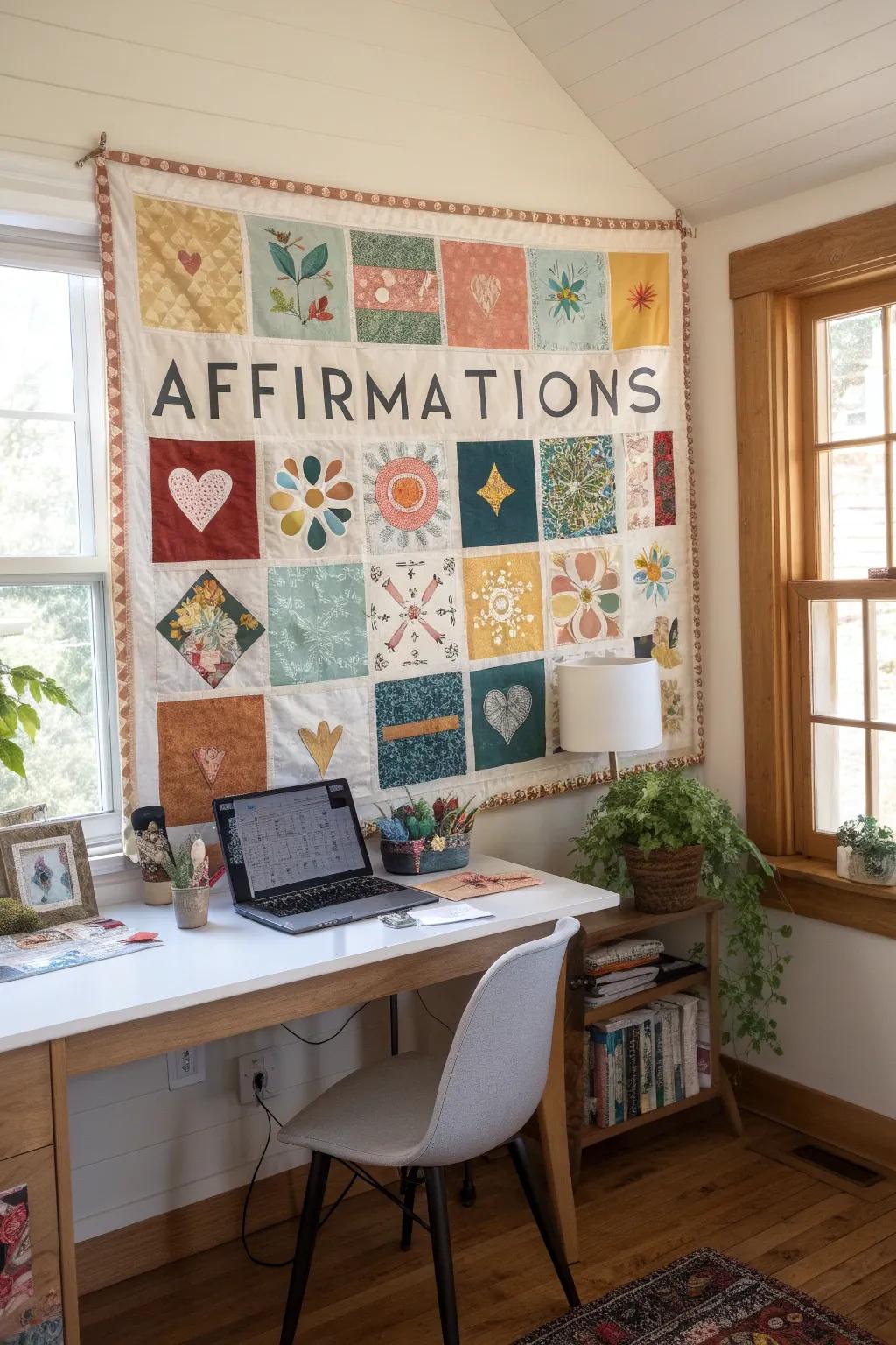 A home office kindness patchwork bulletin board featuring colorful squares and affirmations.