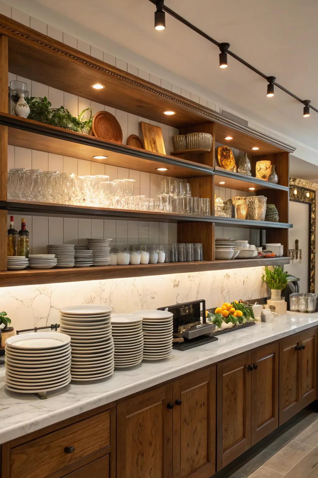 Exposed shelving introduces storage and tailored details to your bar.