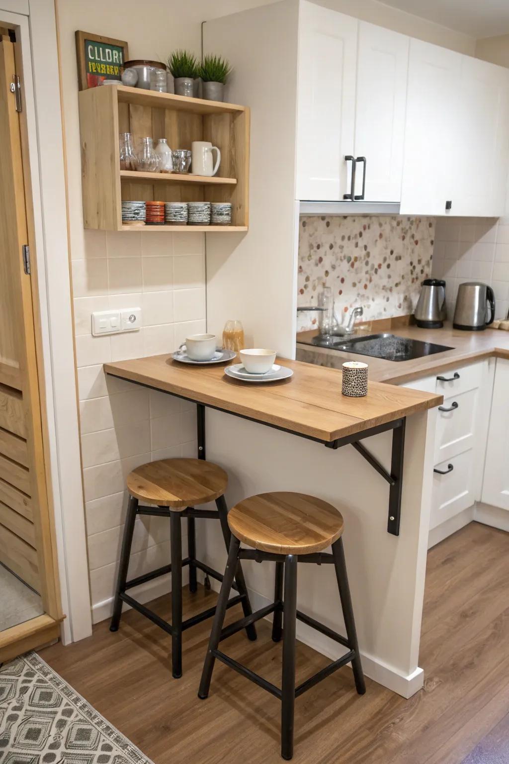 A fold-away table offers flexibility in a tiny kitchen.