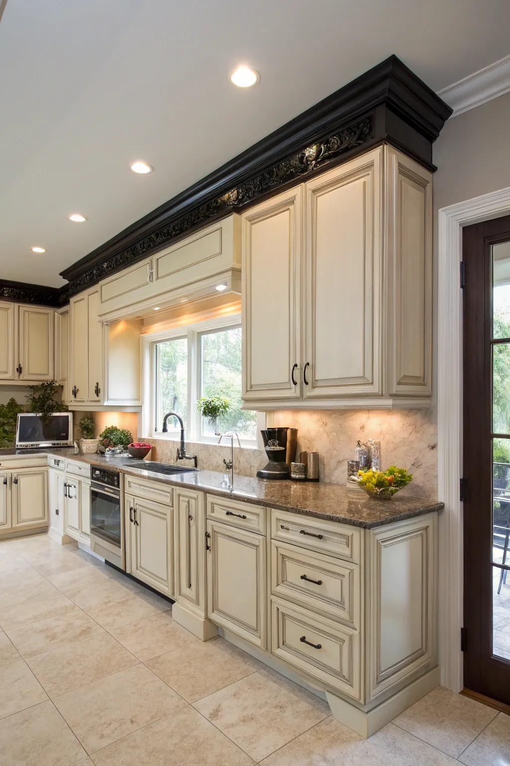 Dark trim creates a statement against light cabinets.