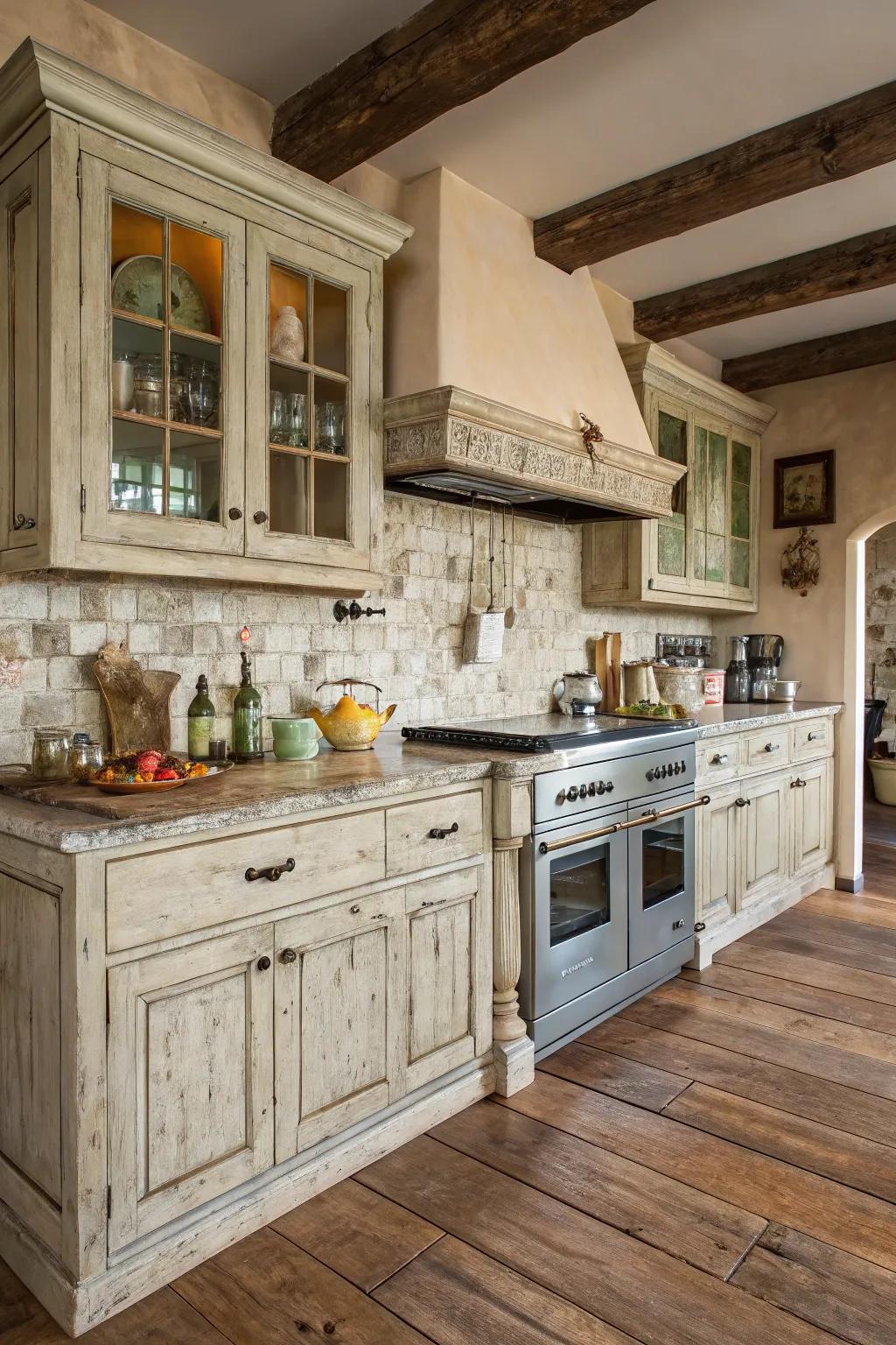 Weathered finishes saturate your cooking area with country style allure and uniqueness.