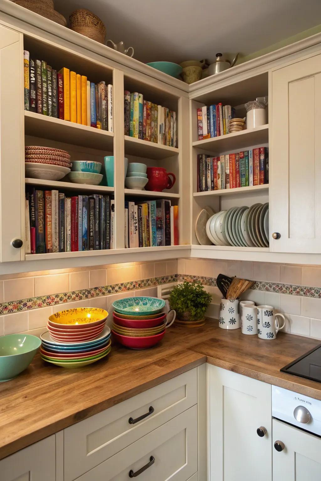 Angled cabinets contribute style and practicality to kitchen corners.