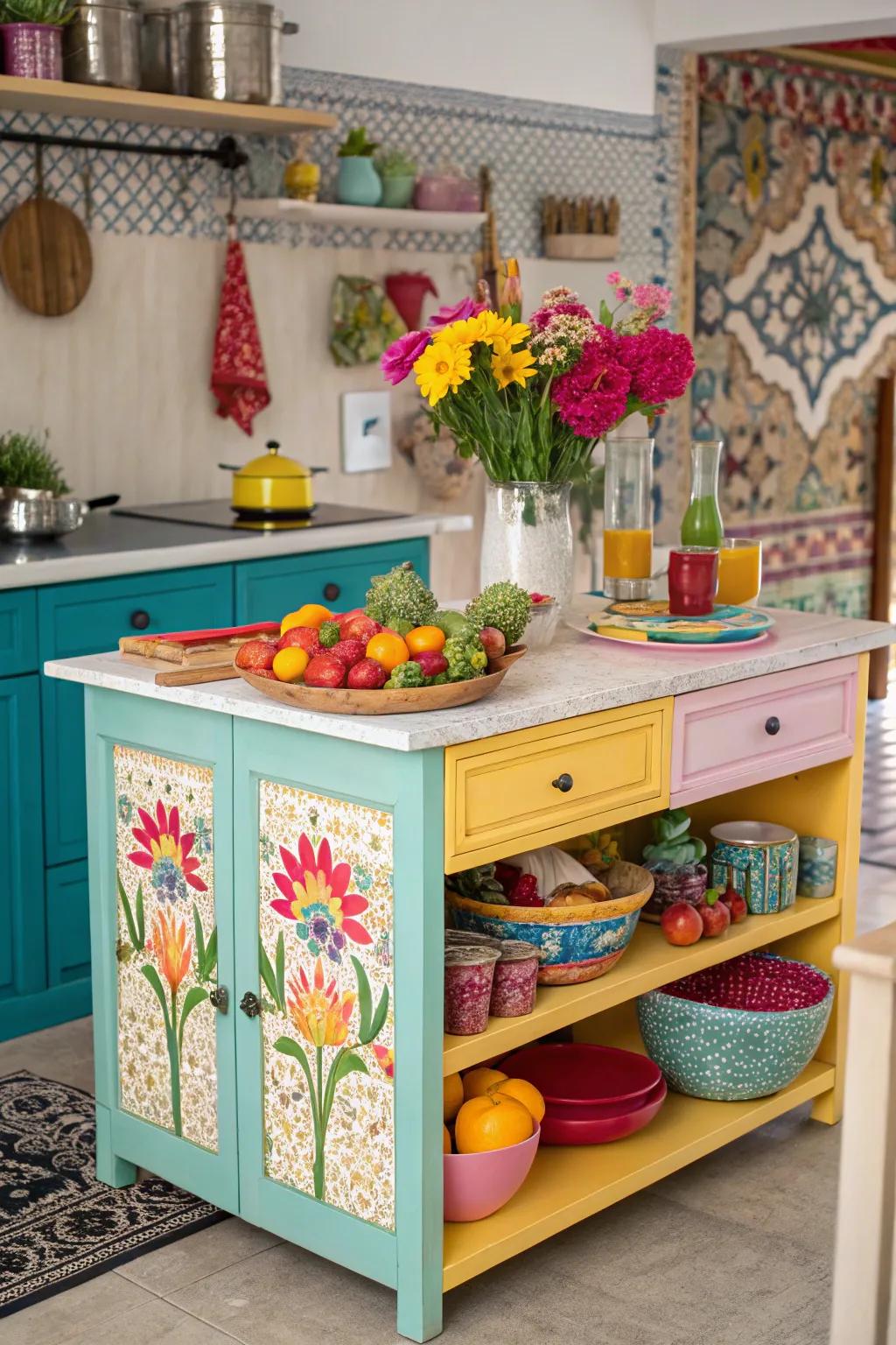 A striking painted rear facade introduces a burst of color and persona to this cooking area focal point.