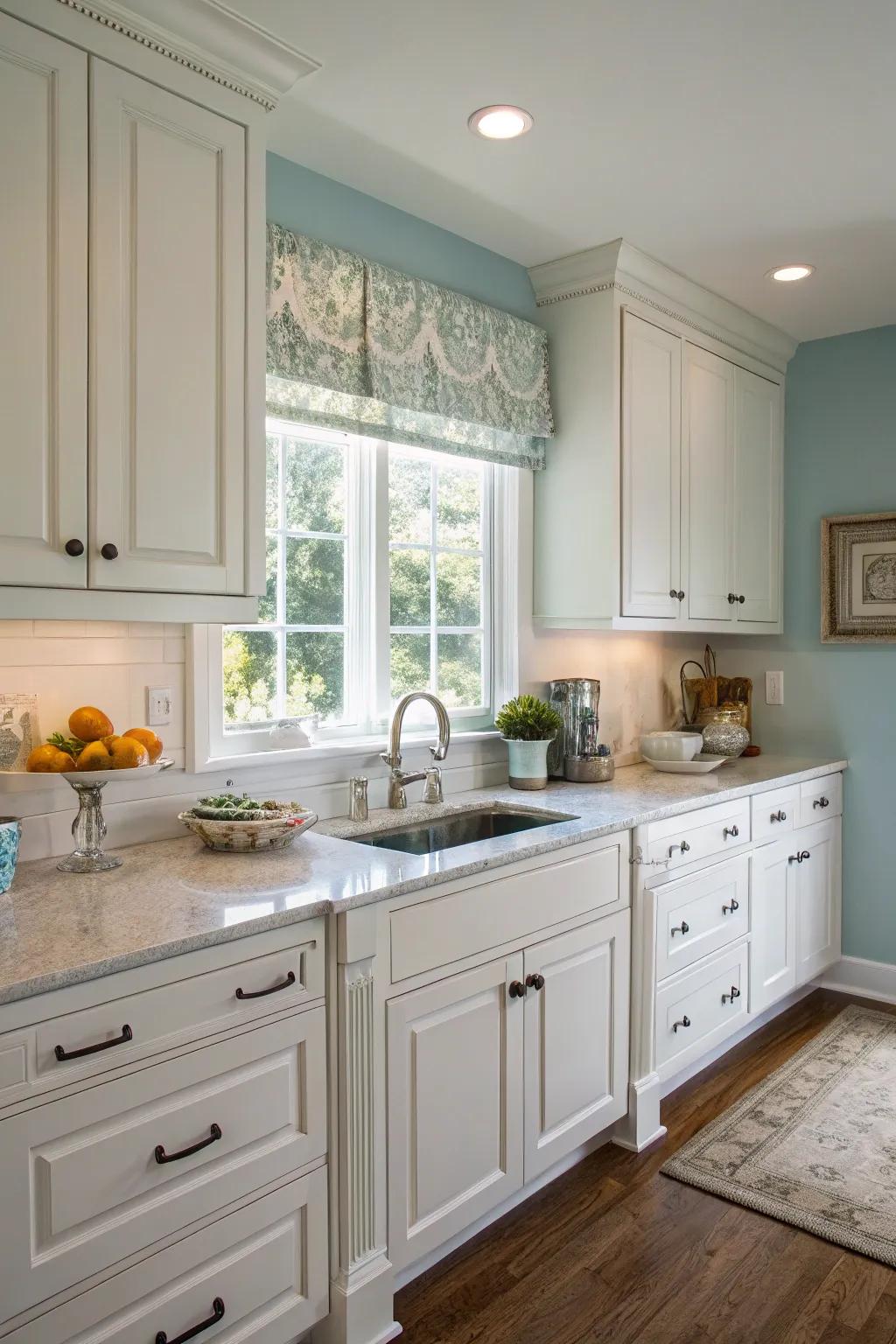 Pale blue walls maintain a fresh and inviting kitchen atmosphere.