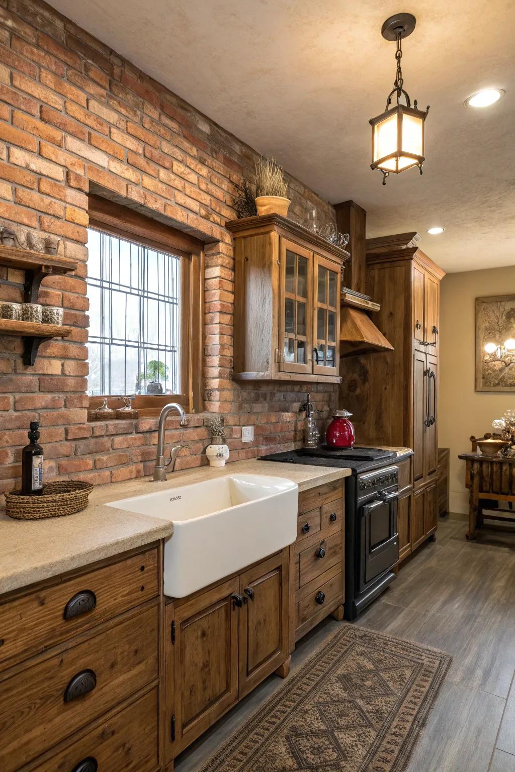 Brick paneling infuses rustic allure into the kitchen.