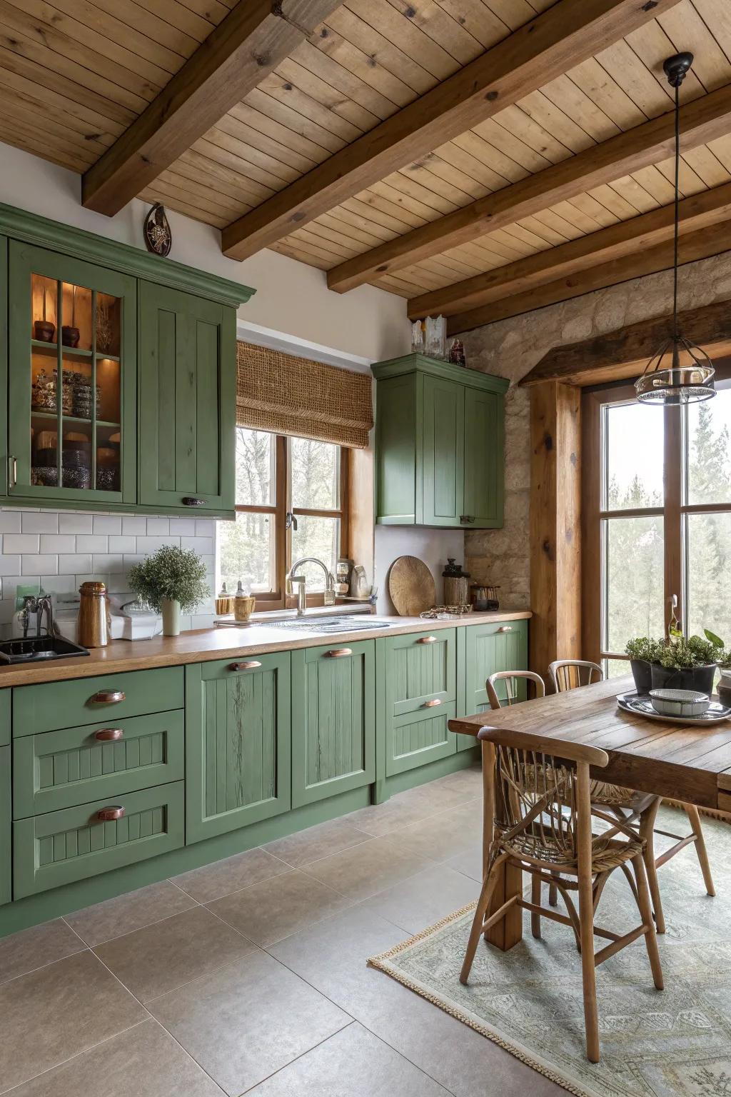 A serene kitchen incorporating elements of verdant tones and wooden textures.