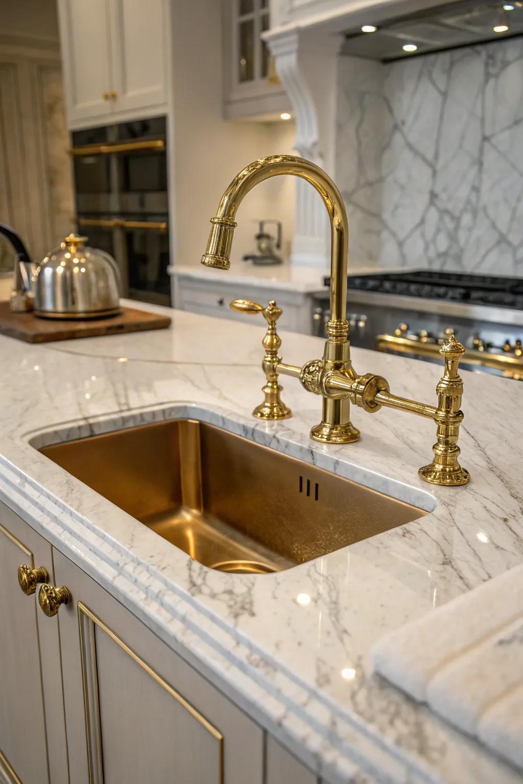 An opulent kitchen sink accentuated with refined brass fixtures.
