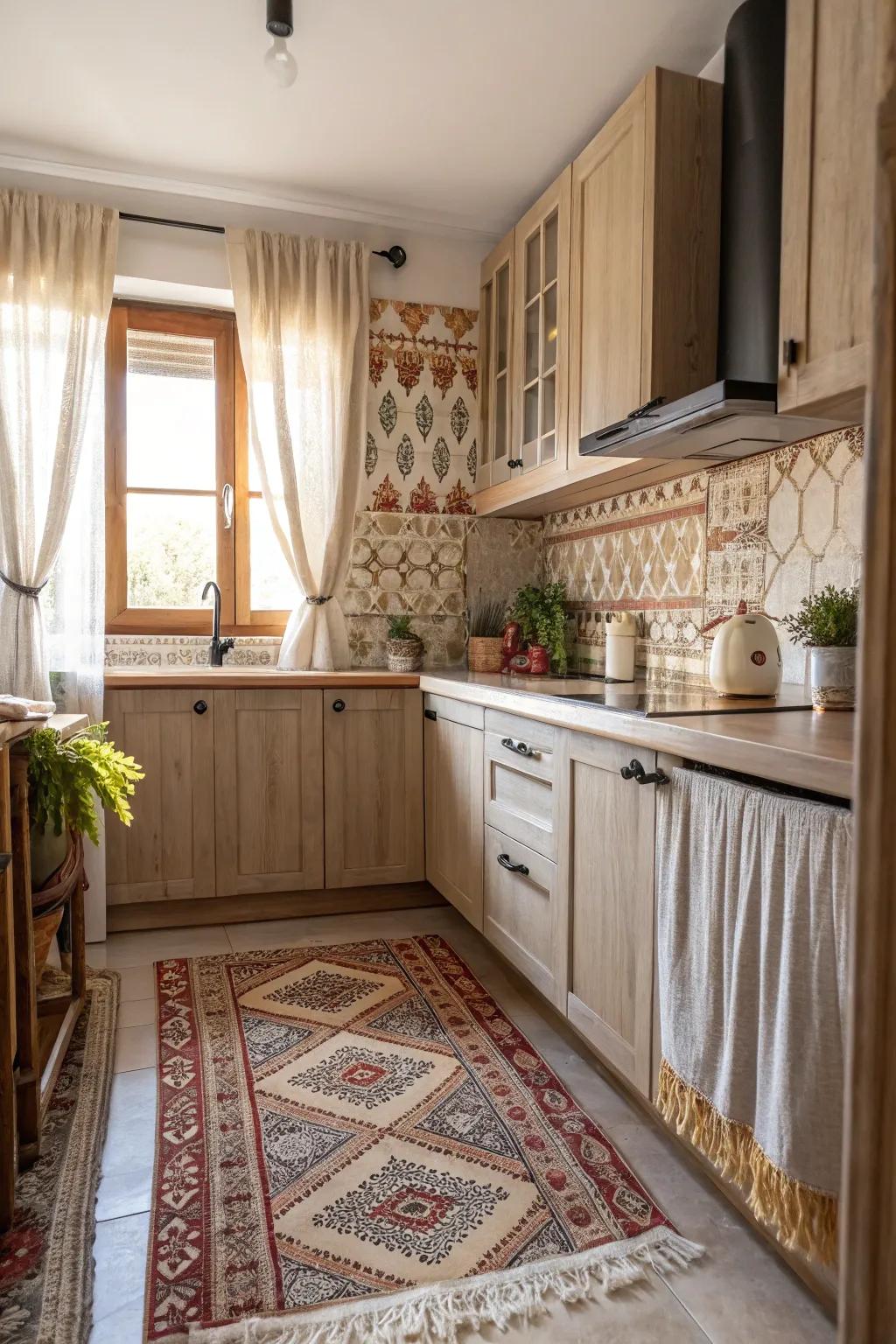 Combining textures and patterns enriches the kitchen's visual charm.