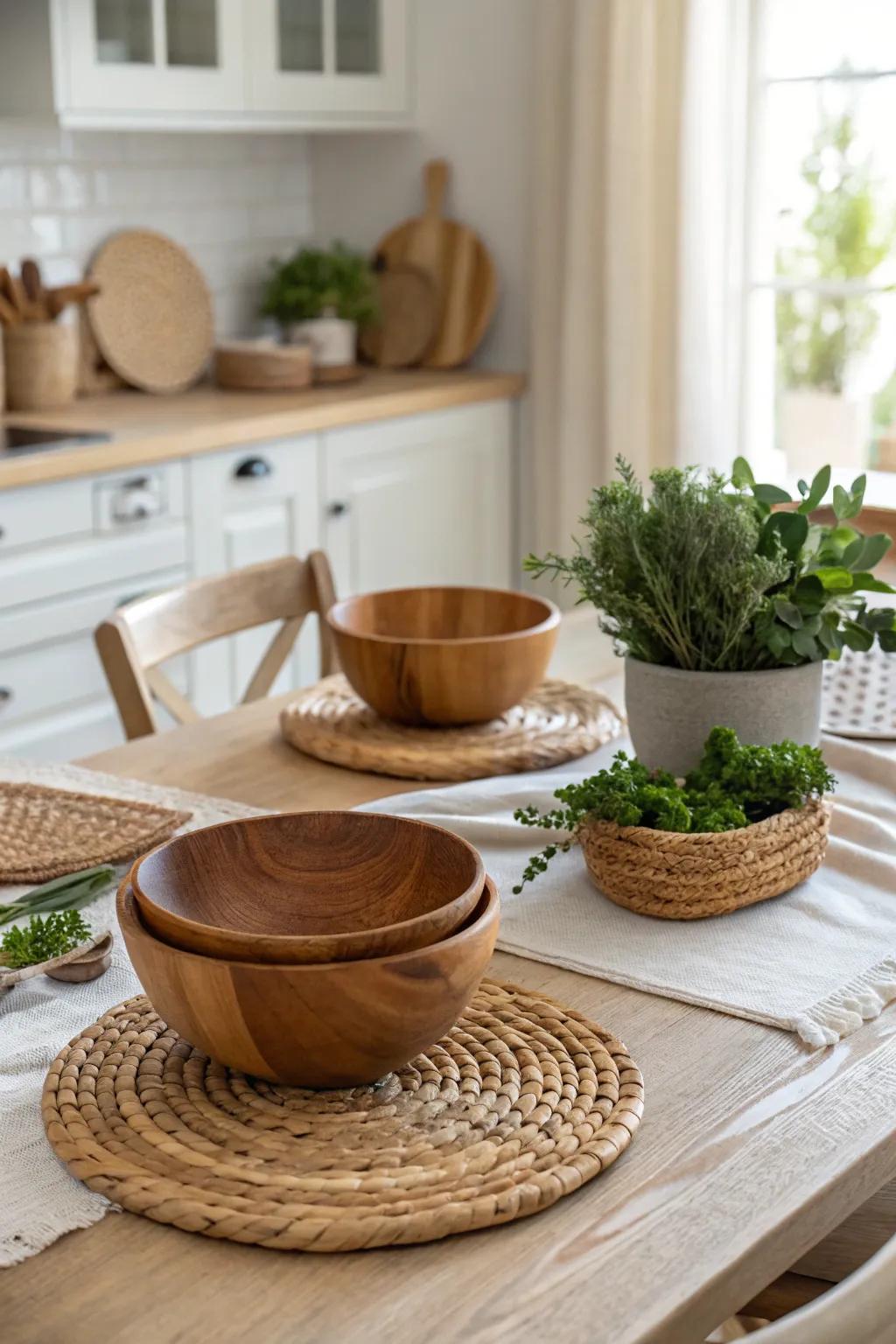 Natural textures produce a warm and inviting table setting.
