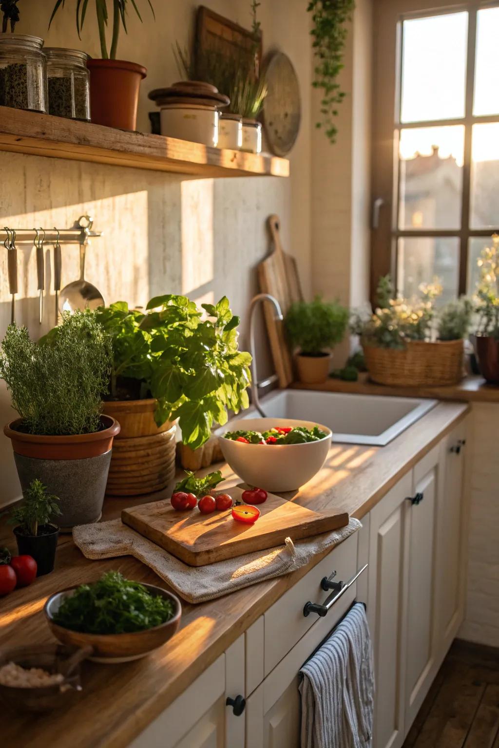 Natural elements like wood and plants create an inviting, cozy kitchen.