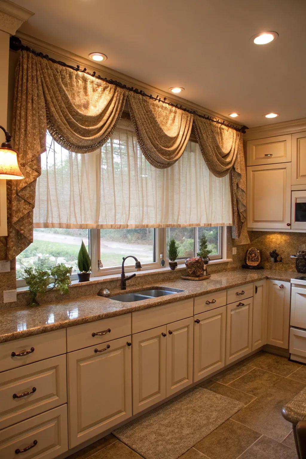 Layered styles add texture and visual interest to kitchen windows.