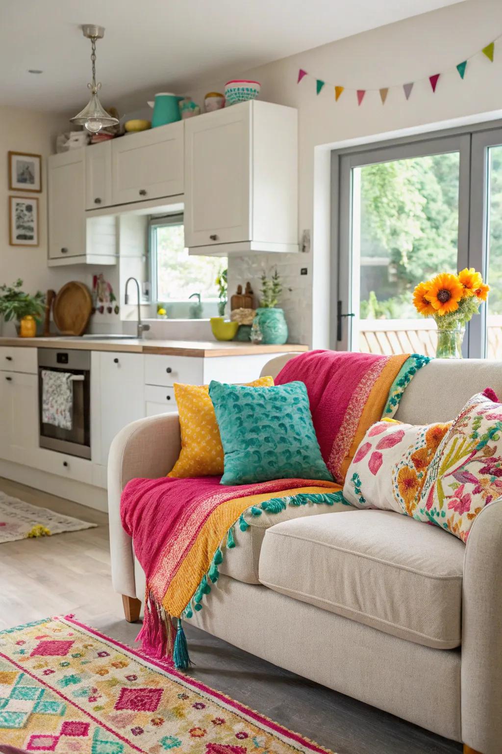 A kitchen sofa area decorated with vibrant cushions and throws, introducing a burst of color and personality.