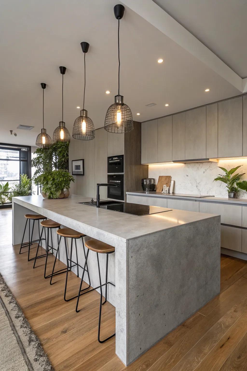 A kitchen illuminated by stylish hanging lamps over concrete worktops.