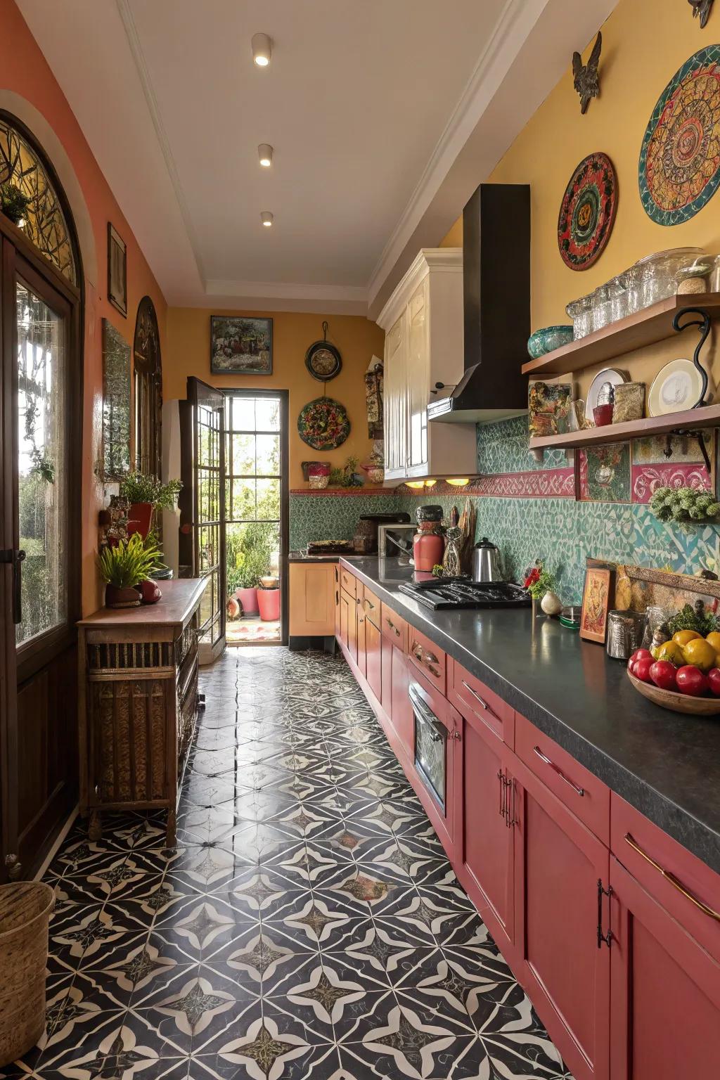 Patterned tiled floors add character to this diverse kitchen.