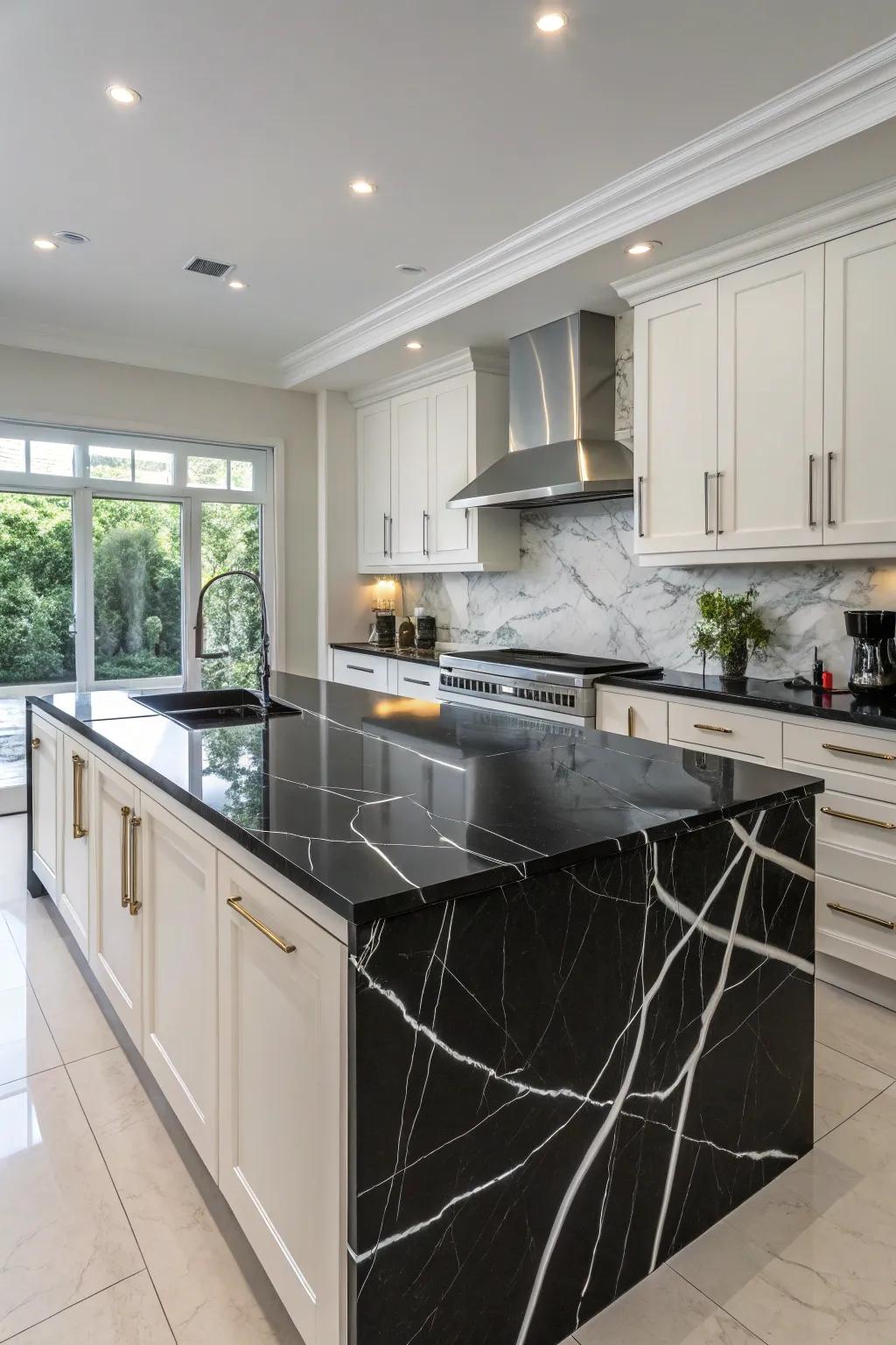 Striking black quartz worktops with refined white marbling.