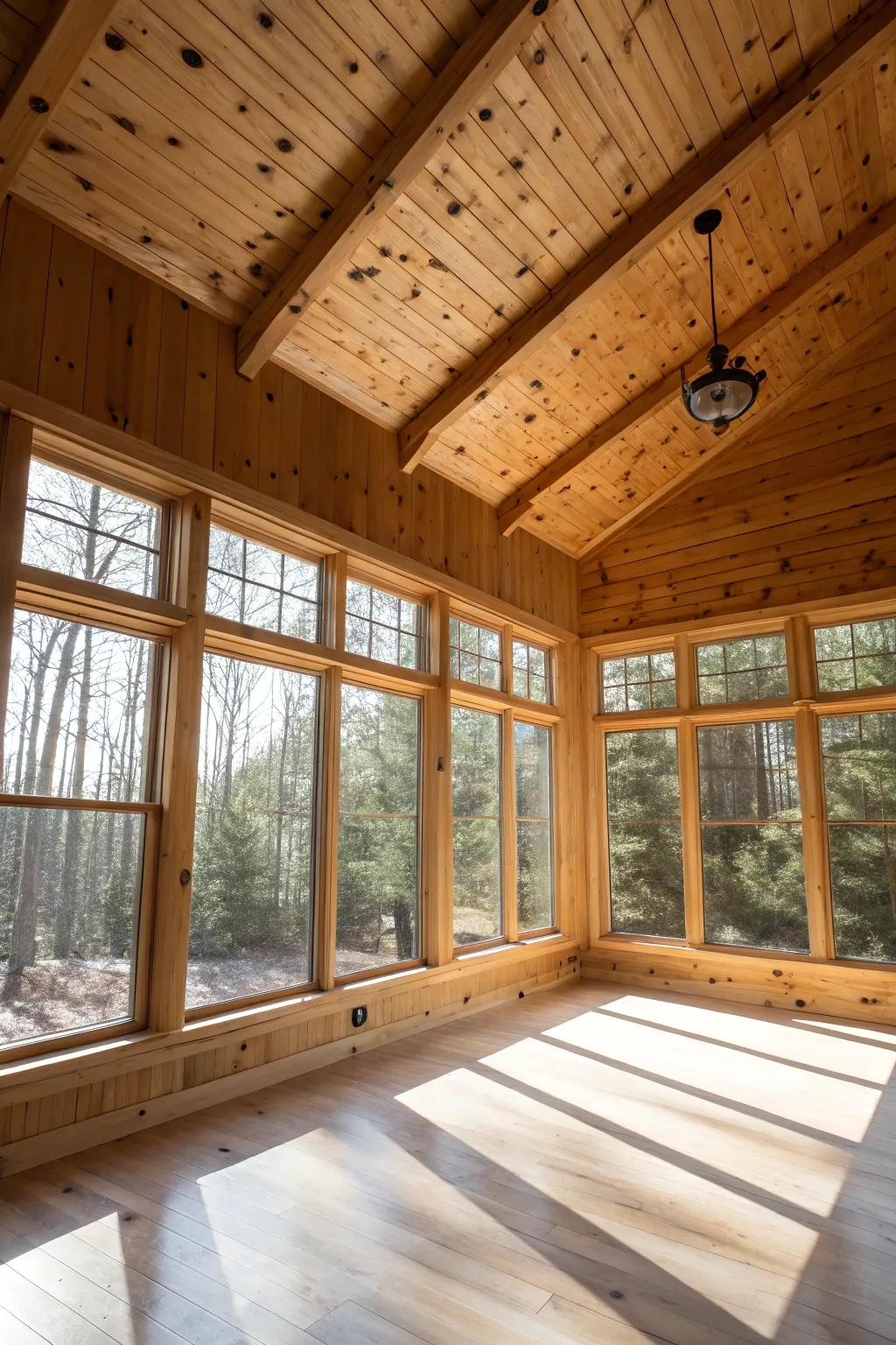 A luminous room where sunlight highlights the warm colors of pine cladding.