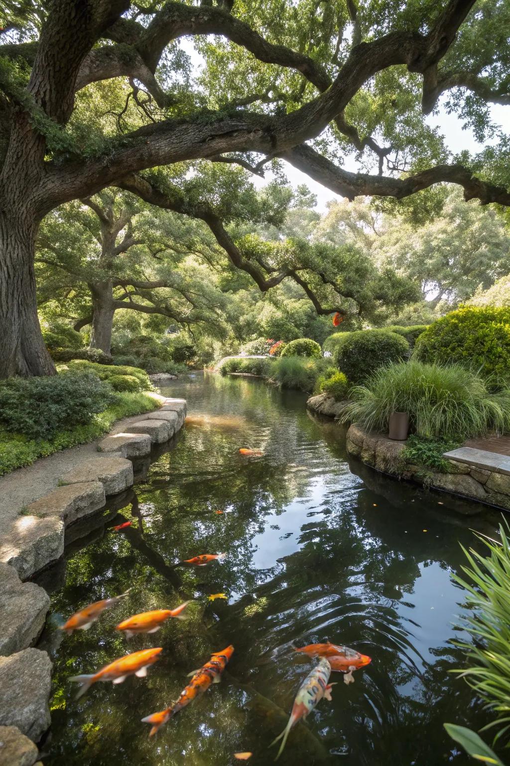 Towering maple trees shade a koi pond nestled beneath.