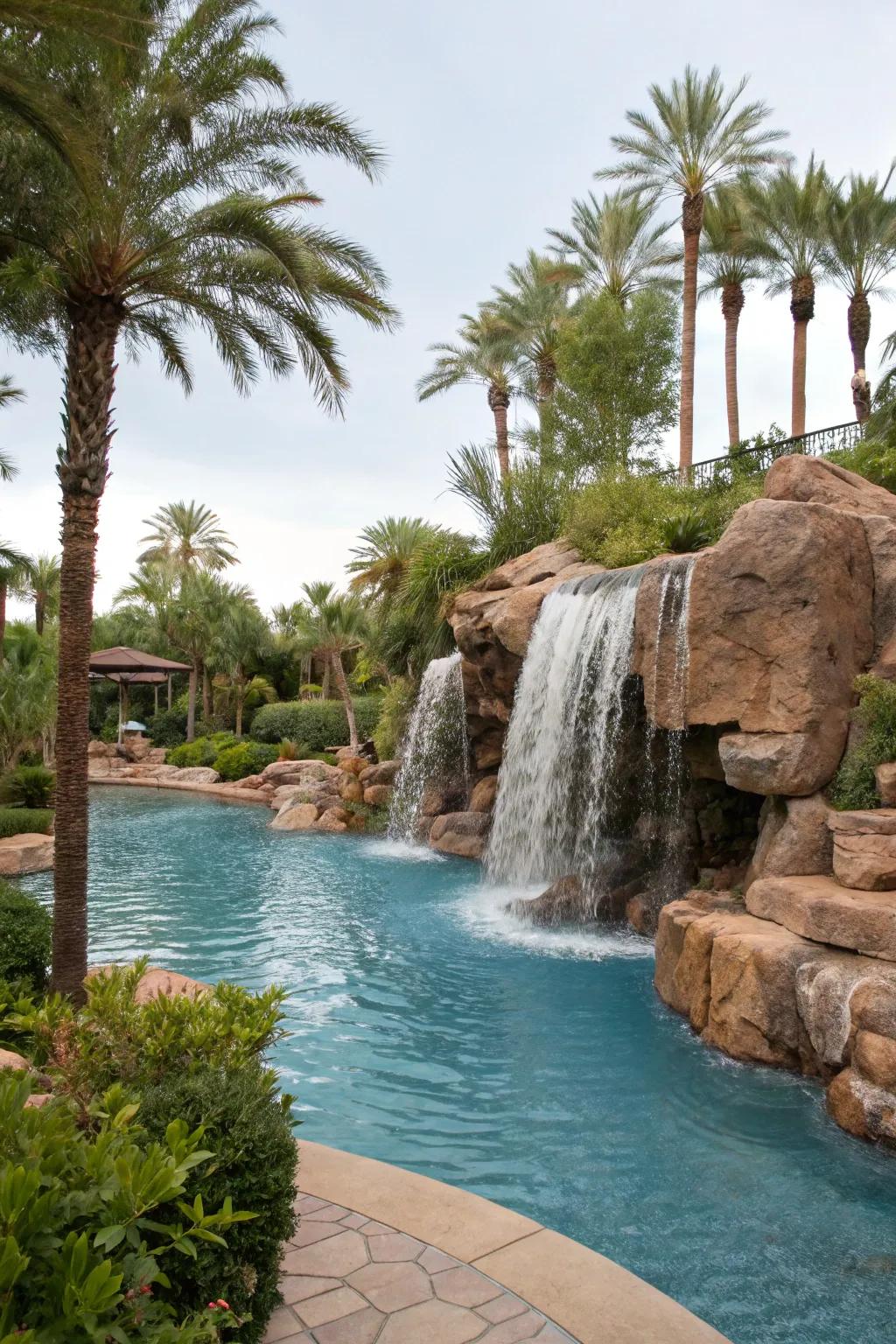 Cascades bring motion and peace to lagoon pools.