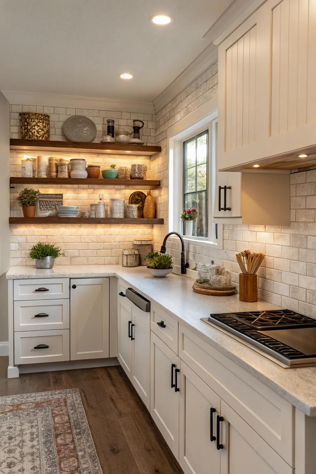 Practical layered backsplash featuring built-in ledges.