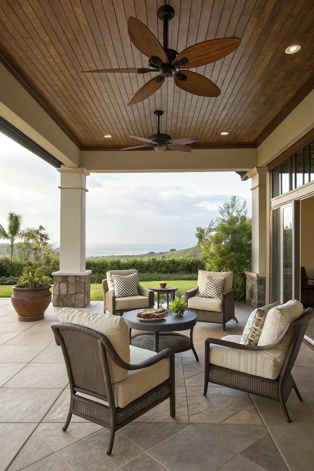 A ceiling fan amplifies the elegance and comfort of the lanai.