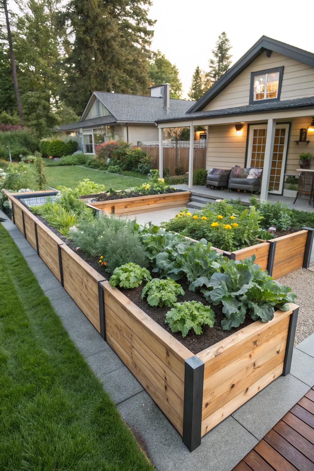 Wooden plank edging adds a modern touch to any garden.