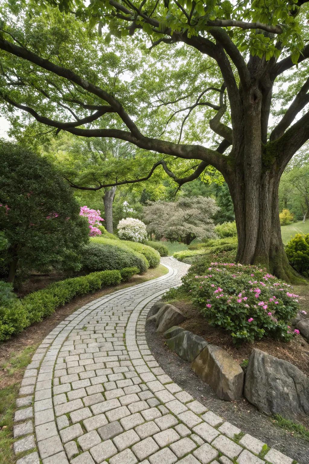 Walkway tiles provide a fashionable, functional edge for trees.