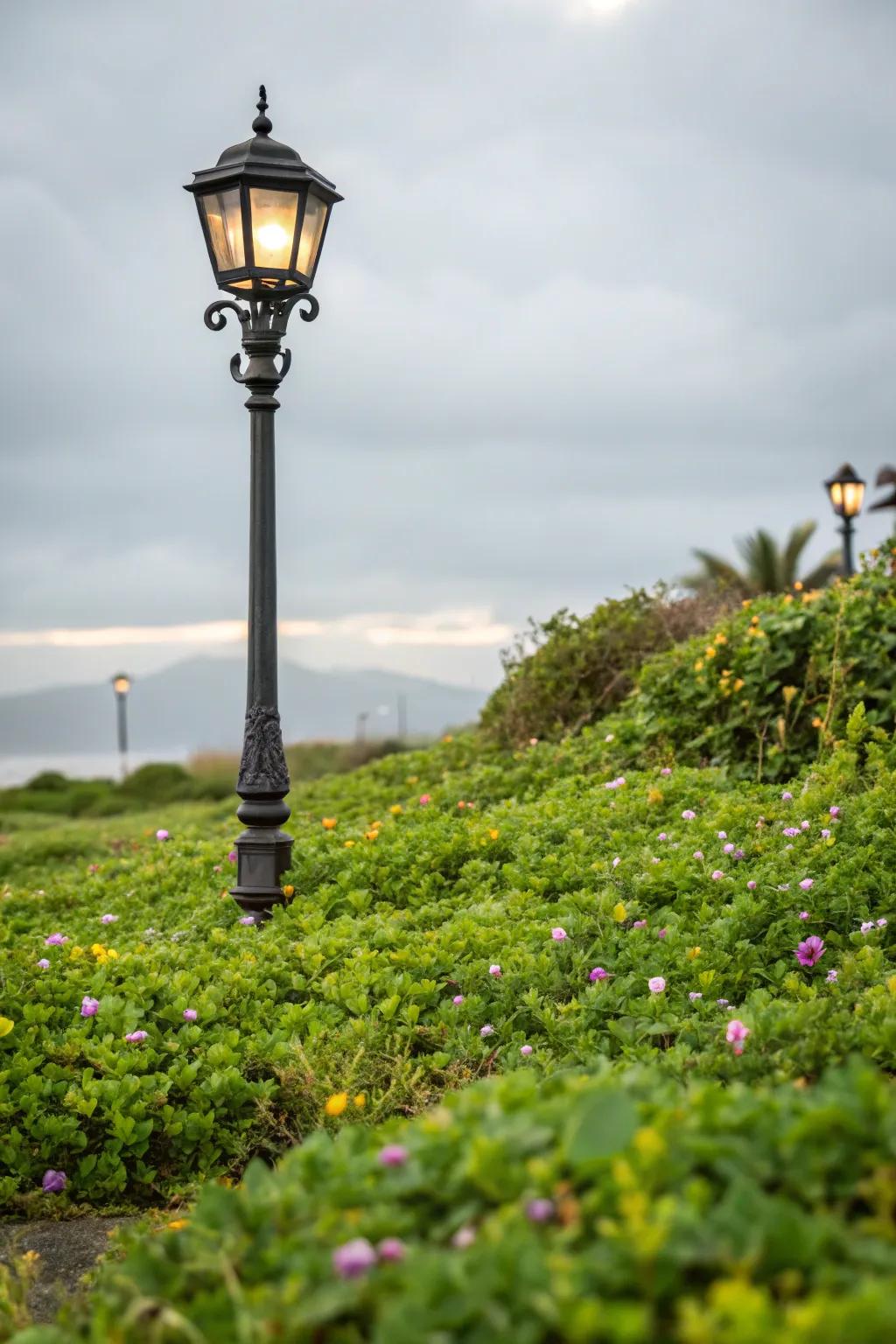Surface vegetation delivering a smooth transition around a lamp post.