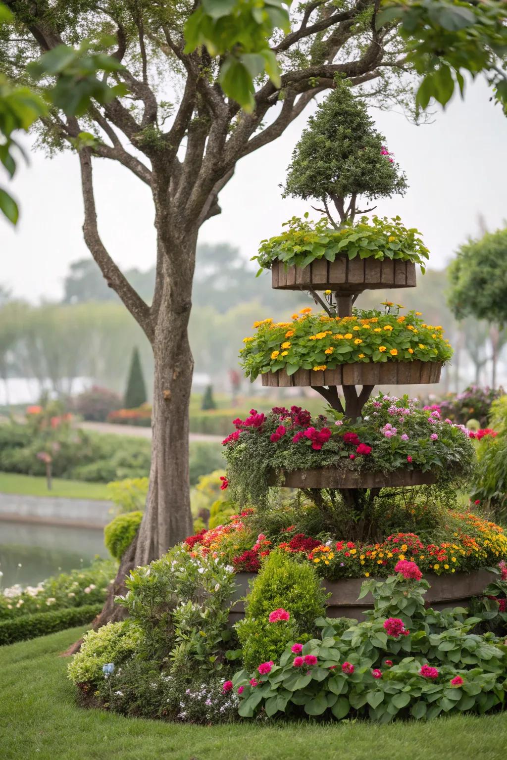 Graduated planting enriches the area around trees with depth and a vibrant aesthetic.