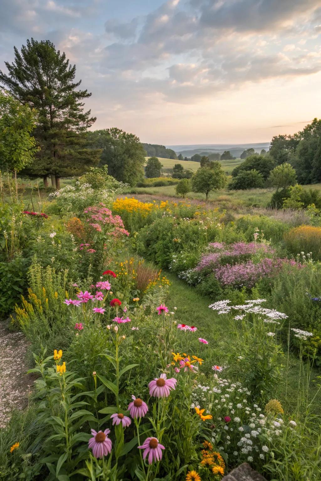 A garden filled with indigenous flora and wildflowers, boosting local biodiversity.