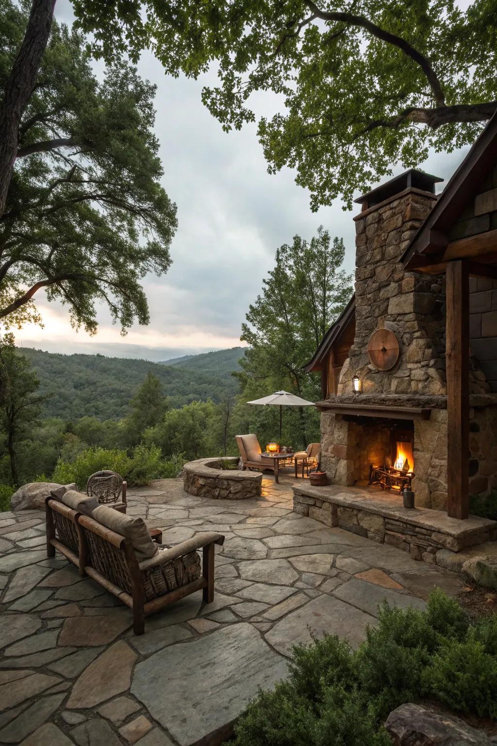 An inviting outdoor area featuring a fireplace.
