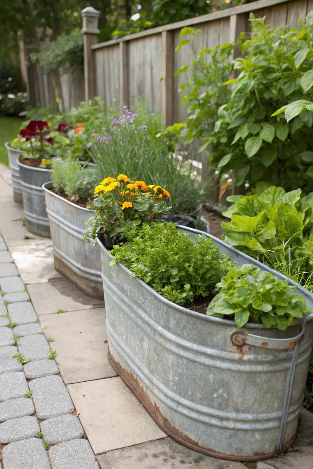 Electroplated metal containers contribute countryside charm and practicality to your garden.