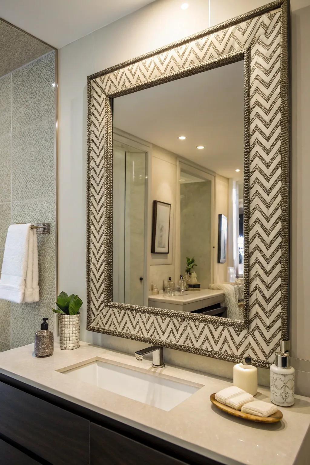 Chevron patterns bring geometric sophistication to bathroom mirrors.