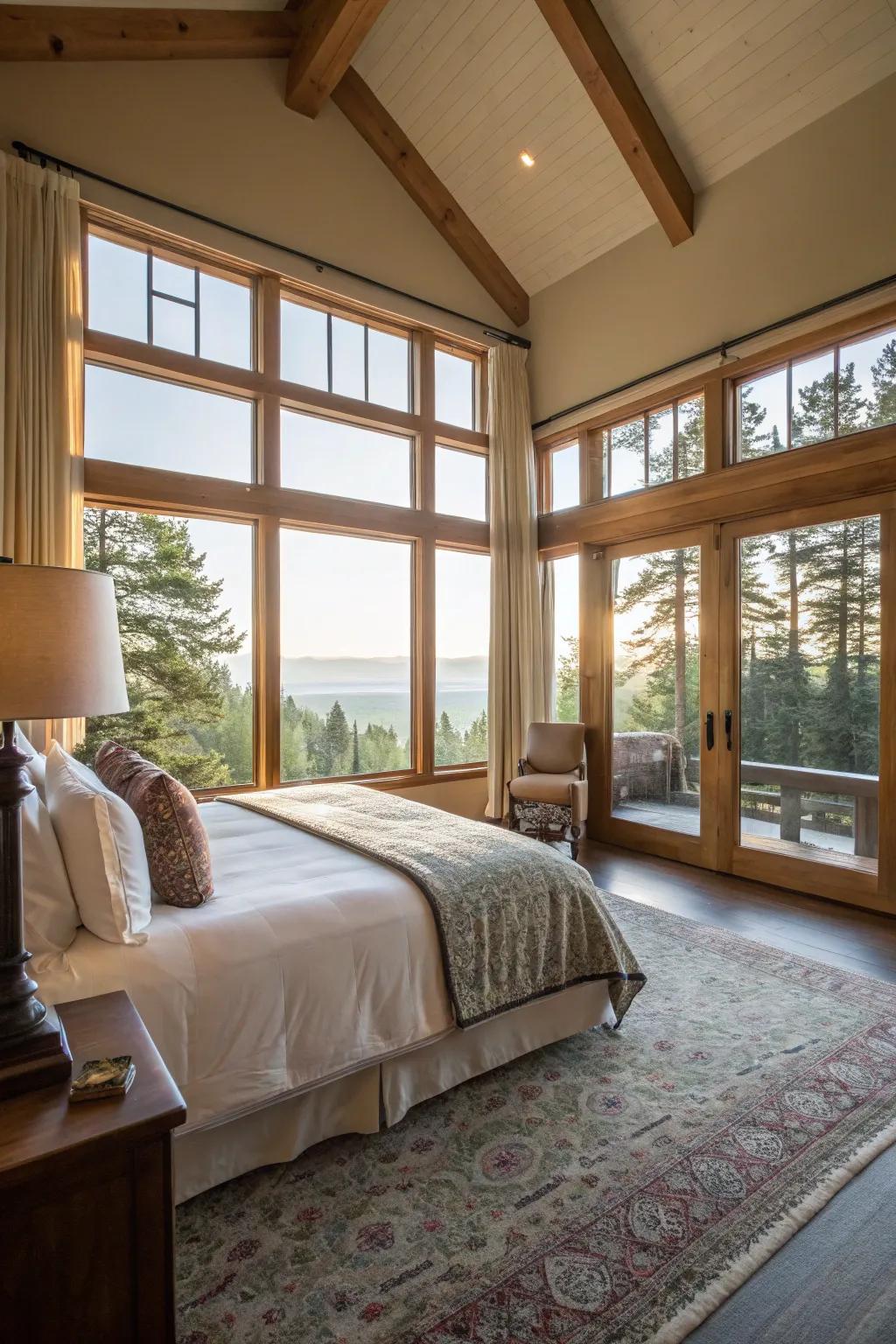 Ample natural light enlivens this spacious bedroom, rendering it both welcoming and airy.