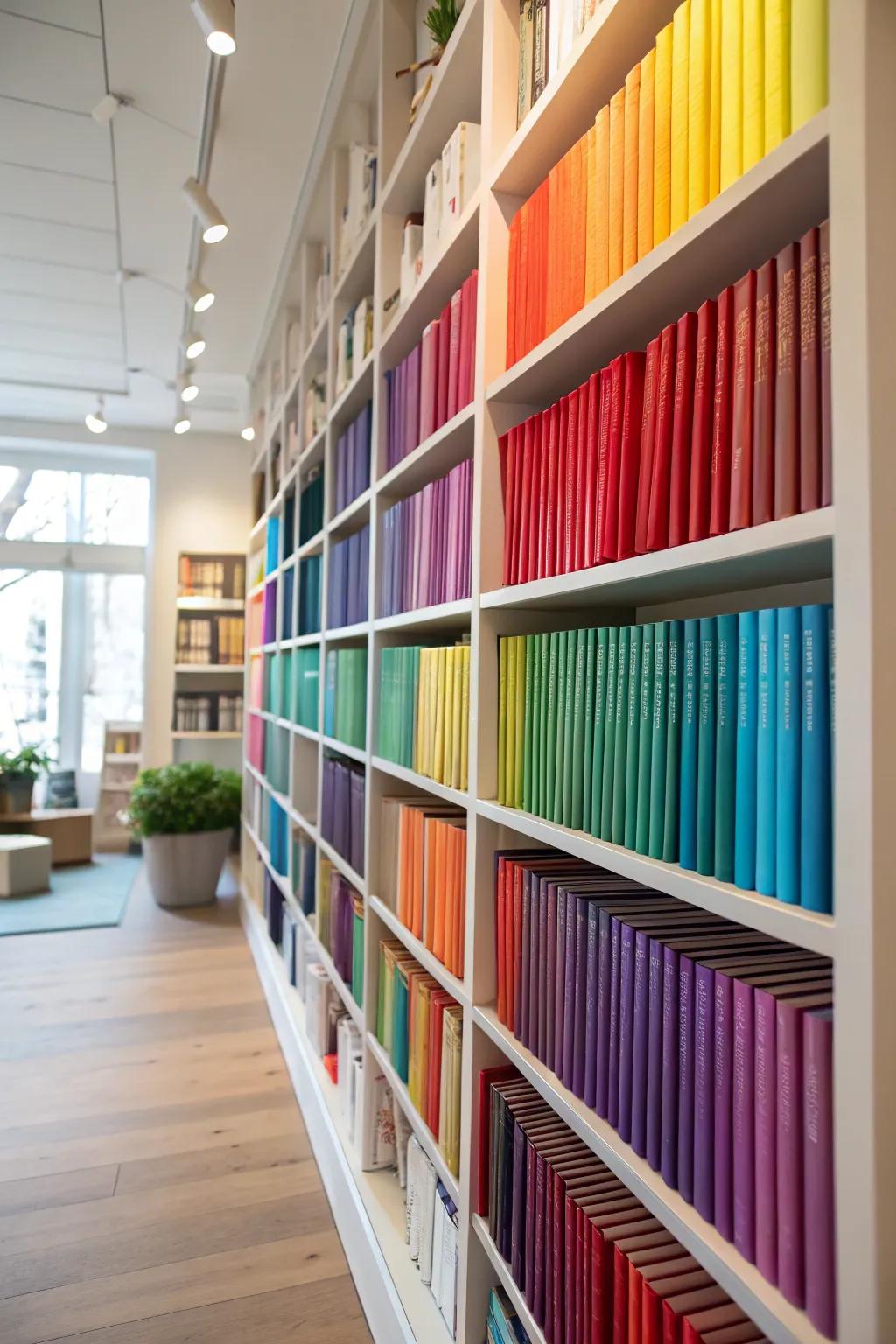 Books arranged by color turn this bookshelf into a remarkable visual statement.