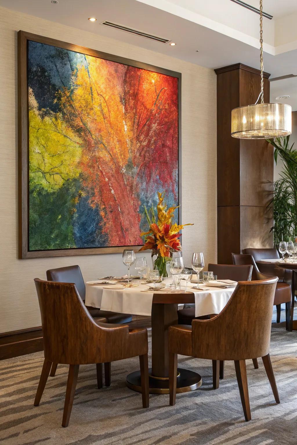 A textured, colorful painting brings life to the dining space with its lively presence.