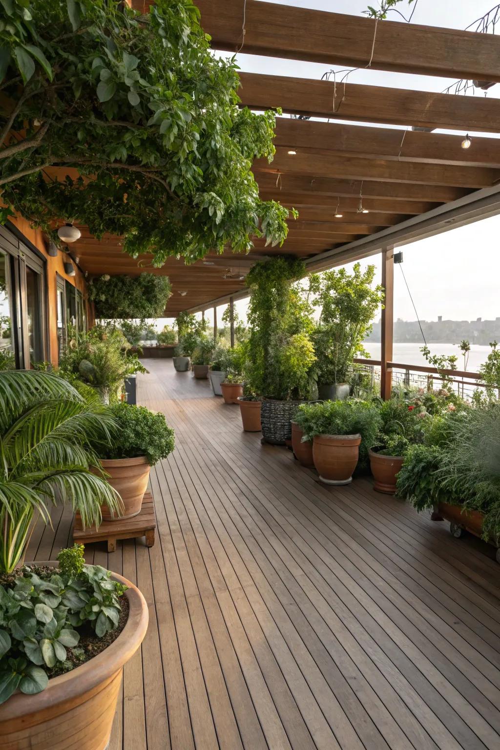 Natural elements like plants and wood create a harmonious deck environment.