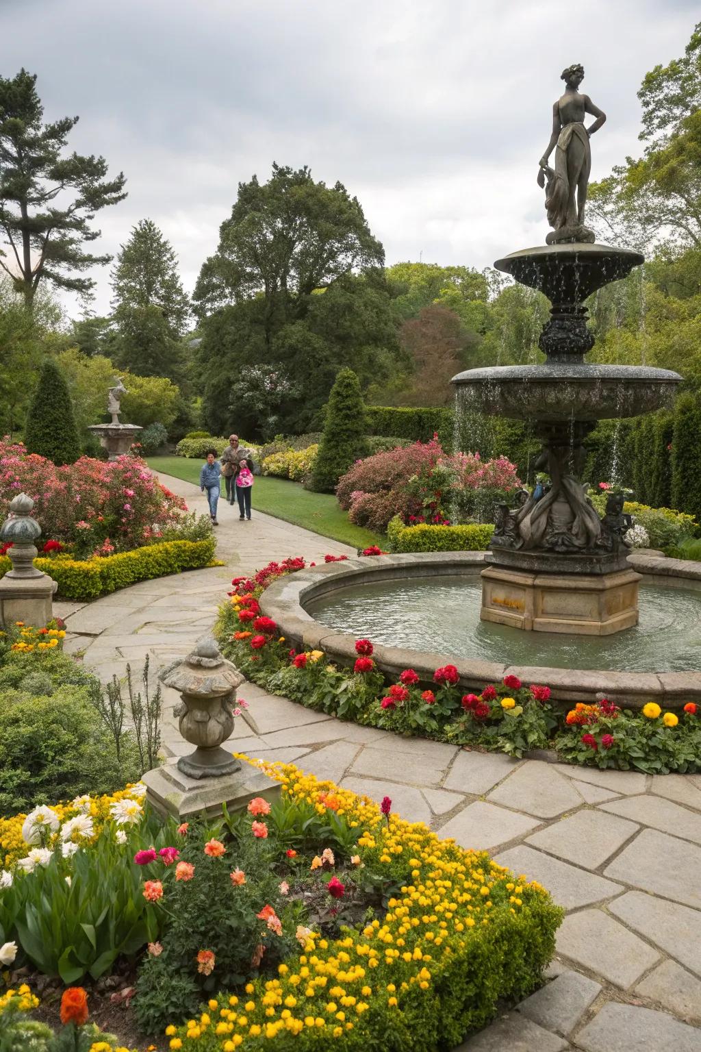 A decorative fountain and sculptures lend charm to the garden.