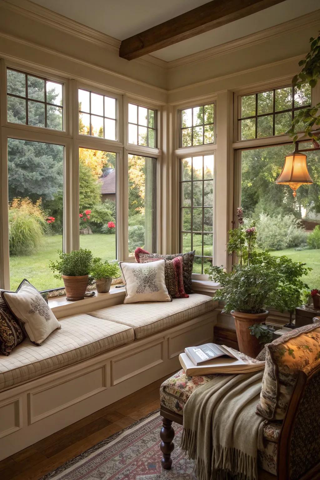 A comfortable window bench that invites you to relax and enjoy the landscape.