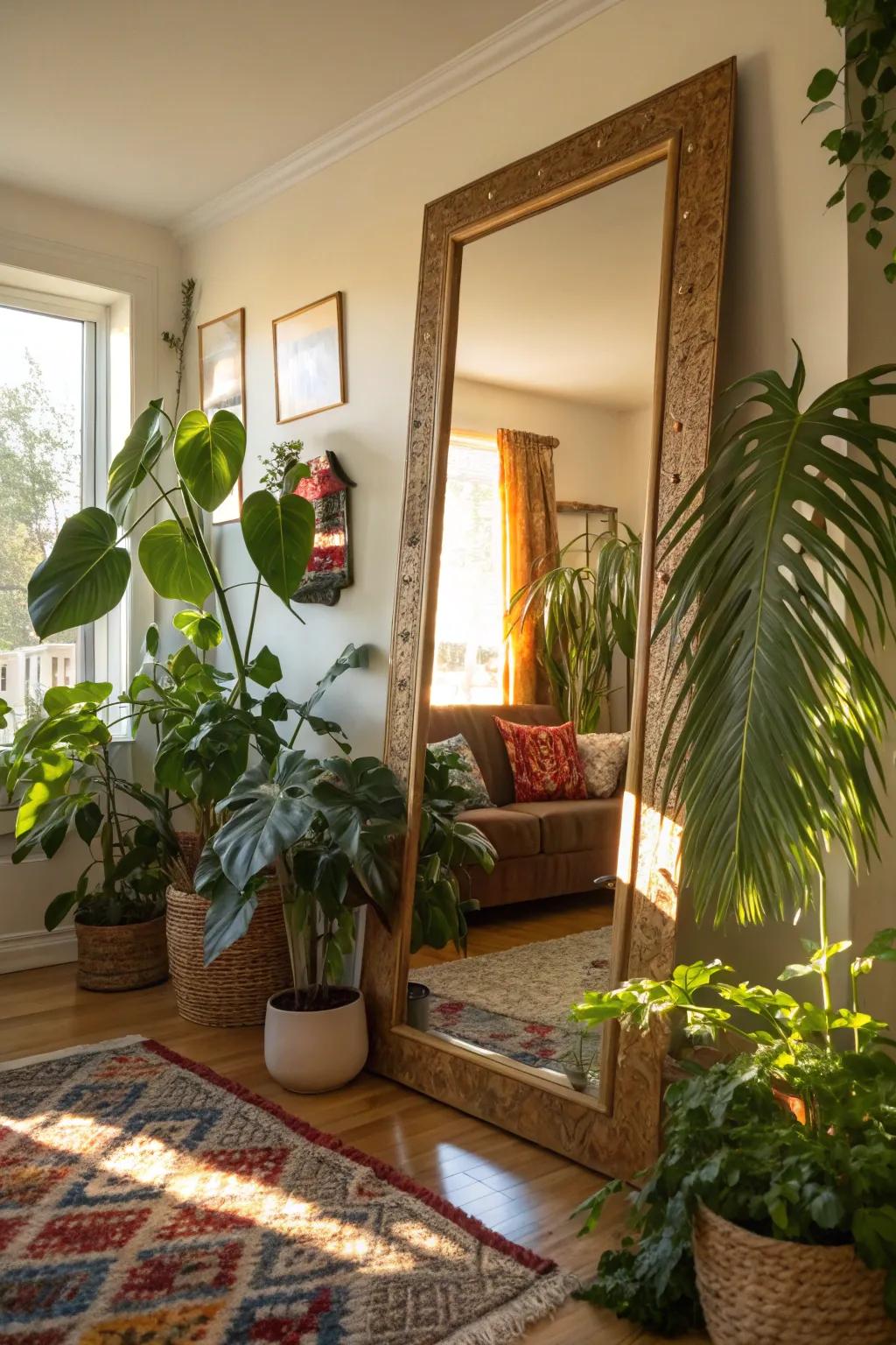 The synergistic effect of botanical elements and reflectors cultivates an organic, airy atmosphere within this family room.