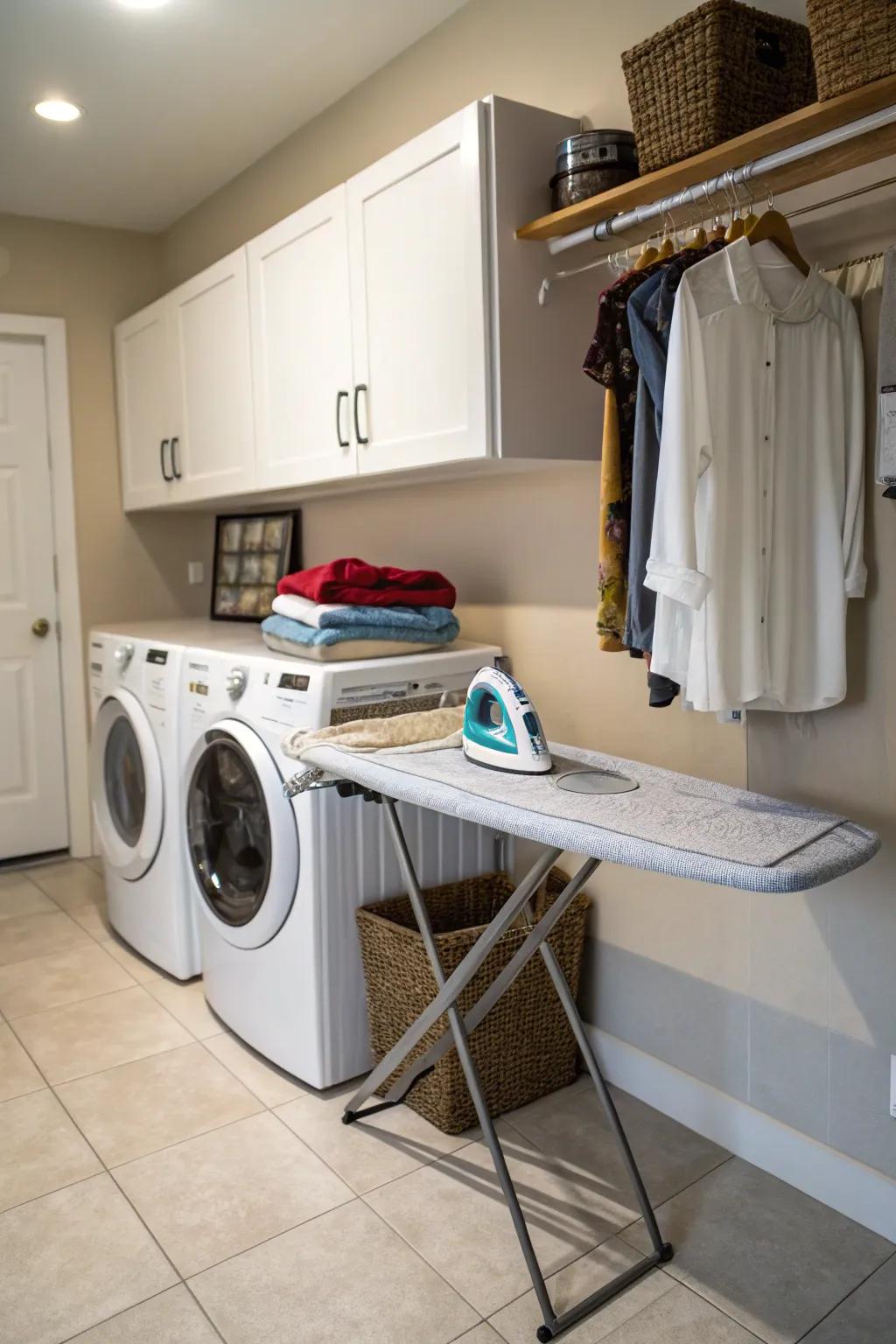 A built-in ironing board offers convenience and tidiness.