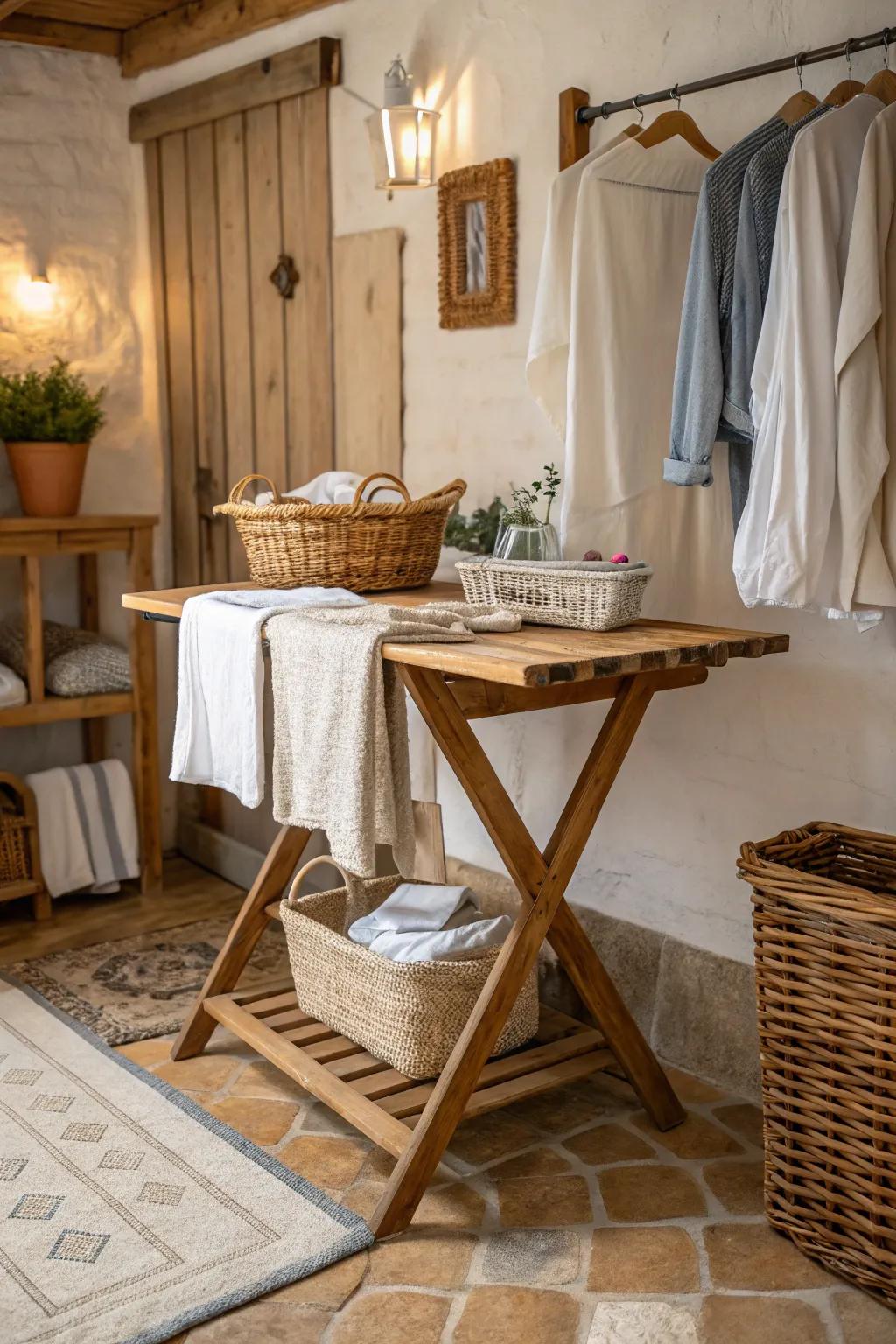 A rustic folding table brings warmth to the laundry area.