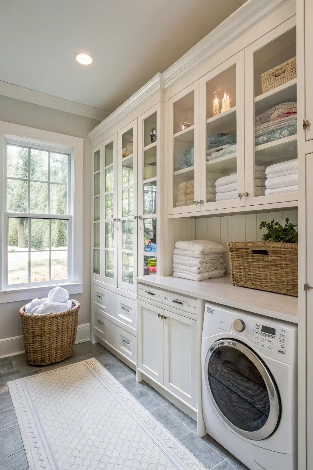 Glass-front cabinets improve light and visibility in your laundry area.