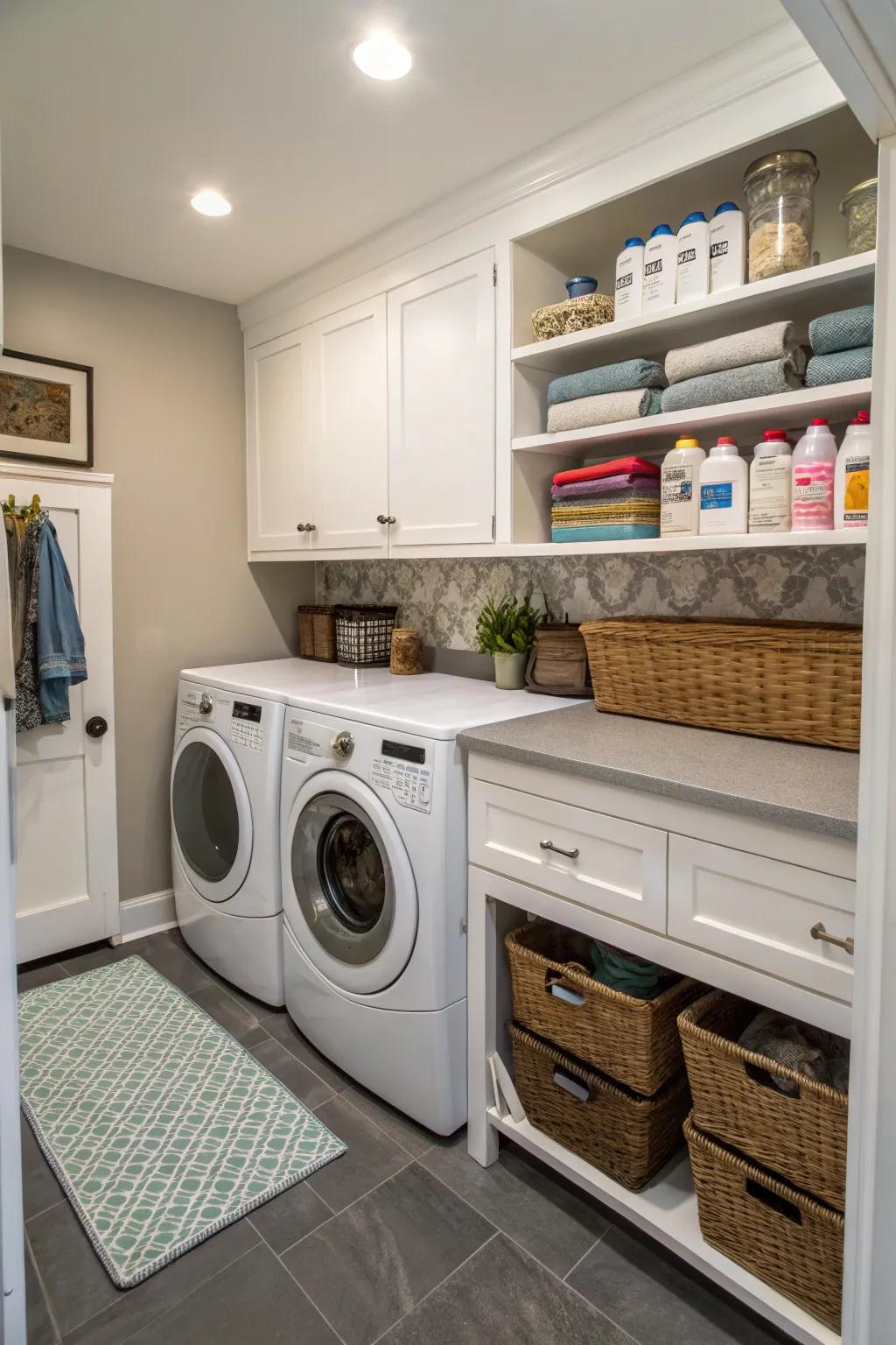 A well-organized, compact arrangement in a small laundry area.