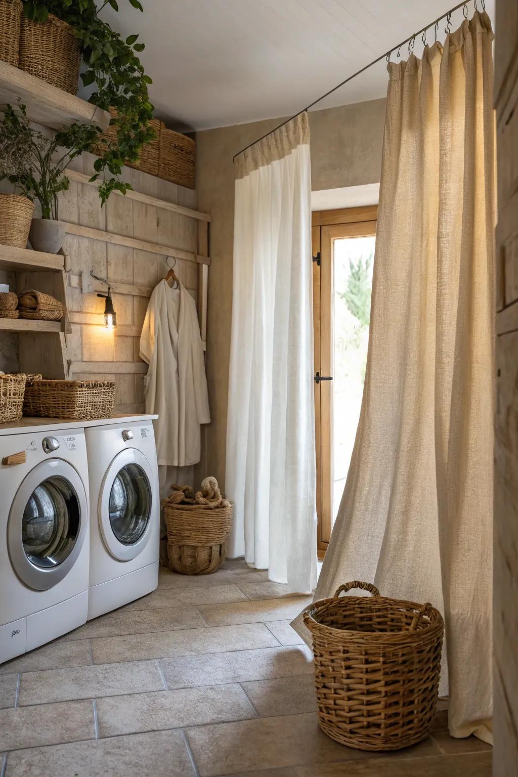 Natural materials such as linen add softness to your utility space.