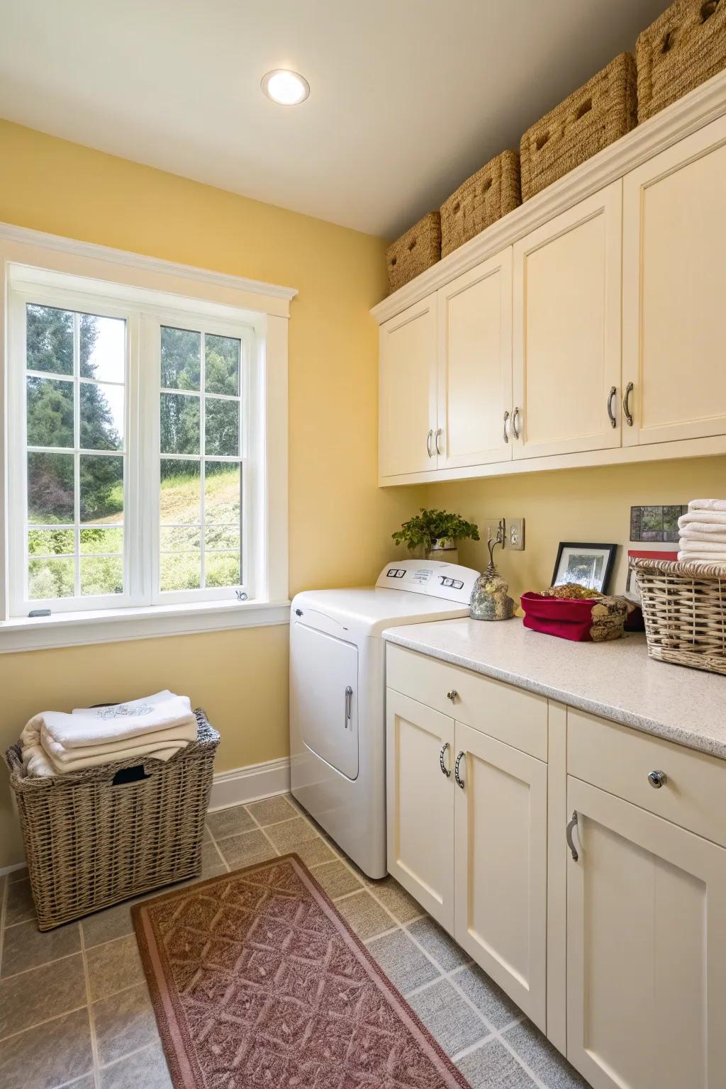 Soft yellow can brighten your laundry room and your mood.