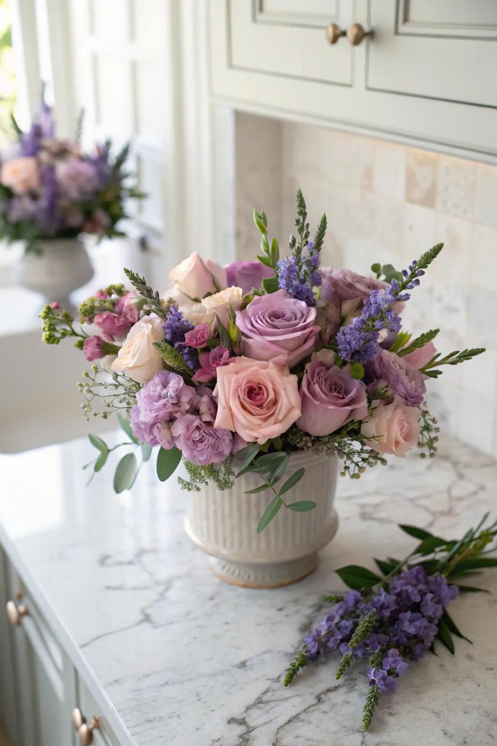 A heartfelt combination of lavender and red roses.