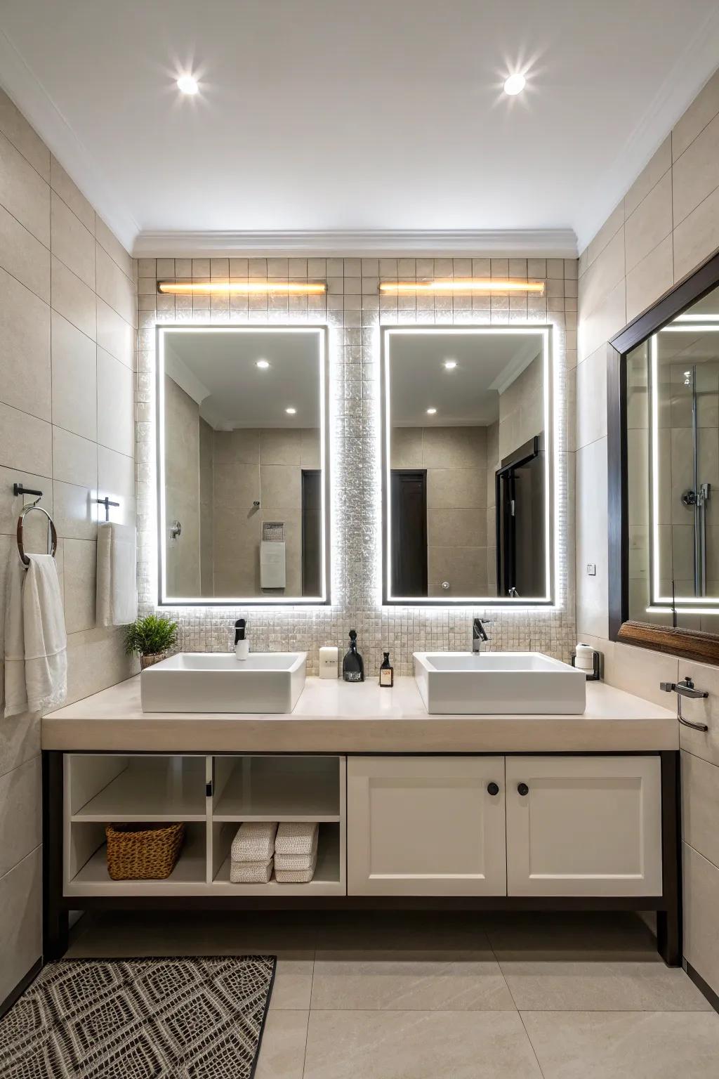 Paired illuminated reflections delivering symmetry and practicality within a shared washroom.