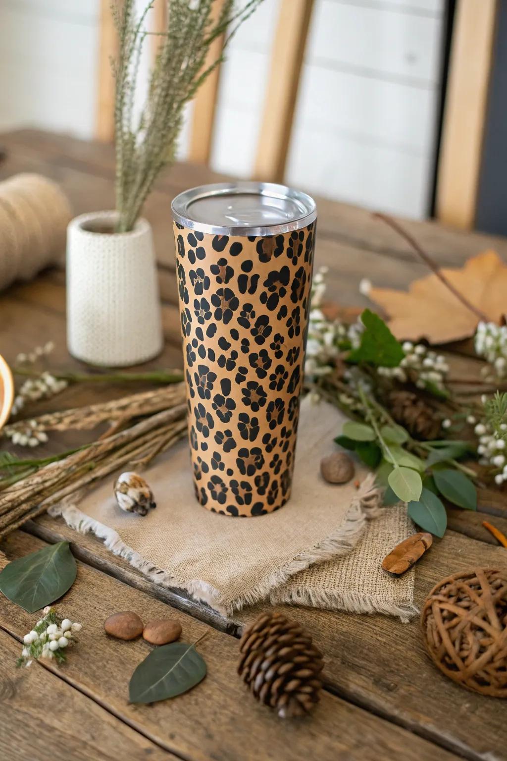 Embrace homespun appeal with an animal spot tumbler in an organic setting.