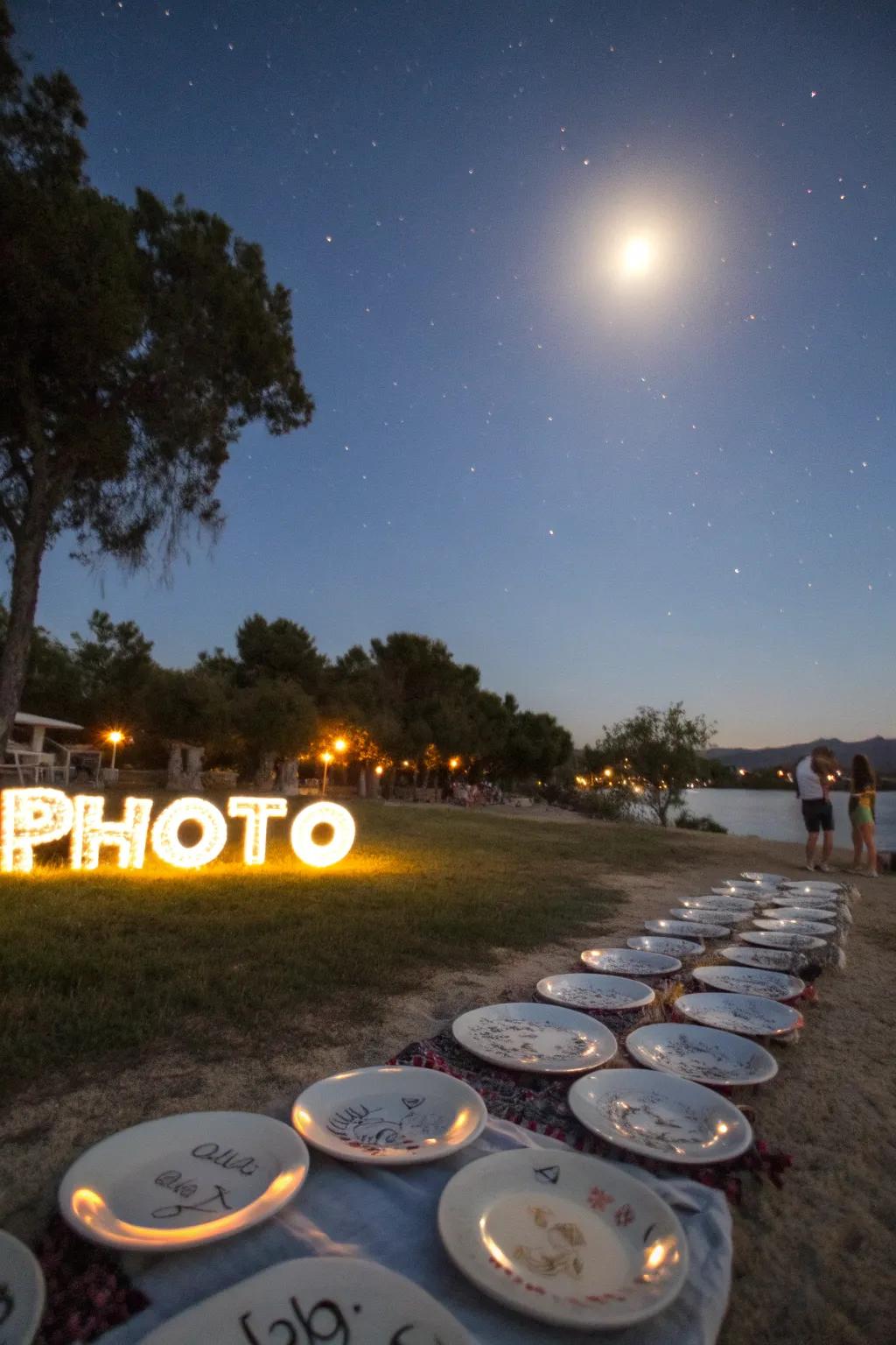 A celestial ritual performed outdoors beneath the full moon, with plates adorned with personal sentiments.
