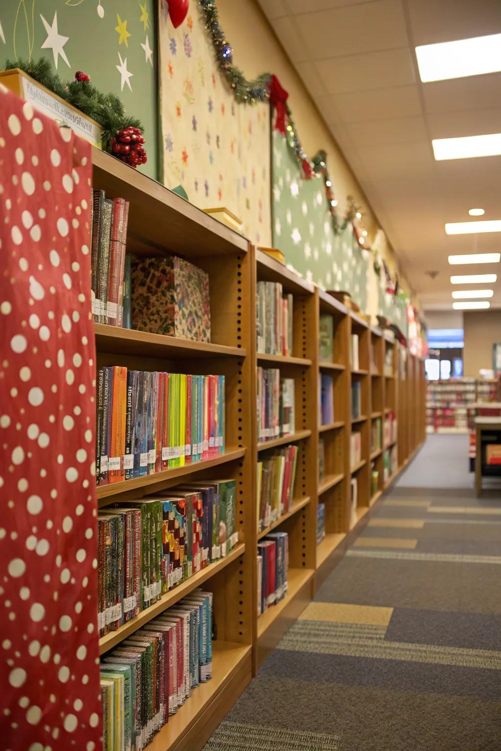 Brighten up your library with colorful wrapping paper backdrops.